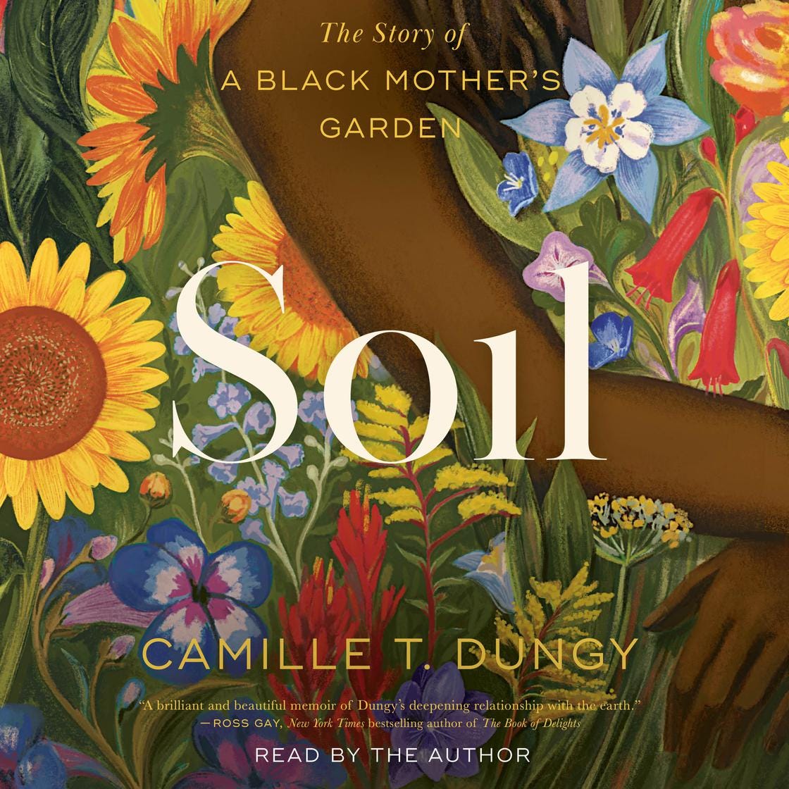 The cover of Soil. A brown arm is nestled among a riot of brightly colored flowers.