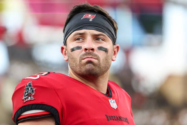 Baker Mayfield of the Tampa Bay Buccaneers warms up prior to an NFL football game against the Philadelphia Eagles at Raymond James Stadium on...