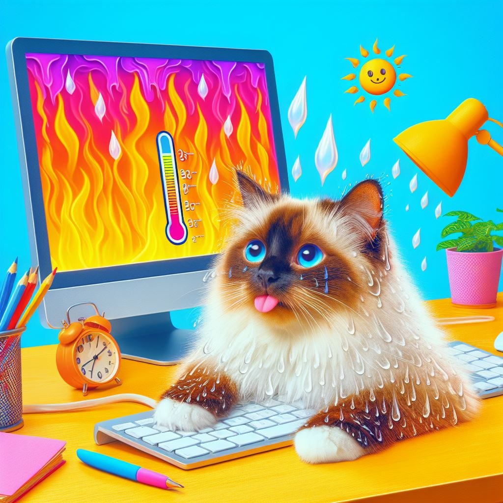 a funny comedic colourful image of a white chocolate ragdoll cat lying on a computer, the cat is getting REALLY hot as the computer gets warmer and warmer and the cat is sweating