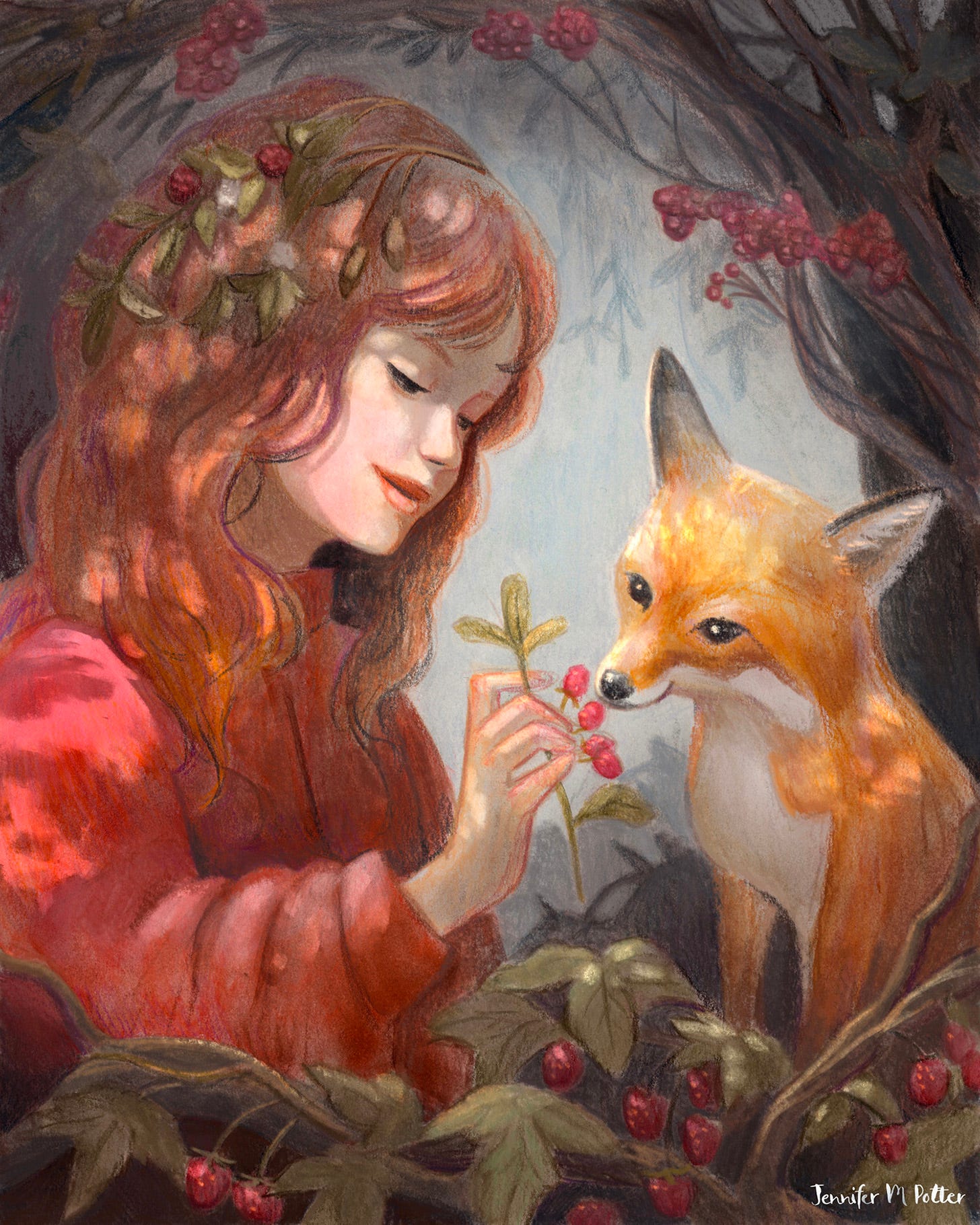 Illustration by Jennifer M Potter of a red-haired girl feeding raspberries to a fox
