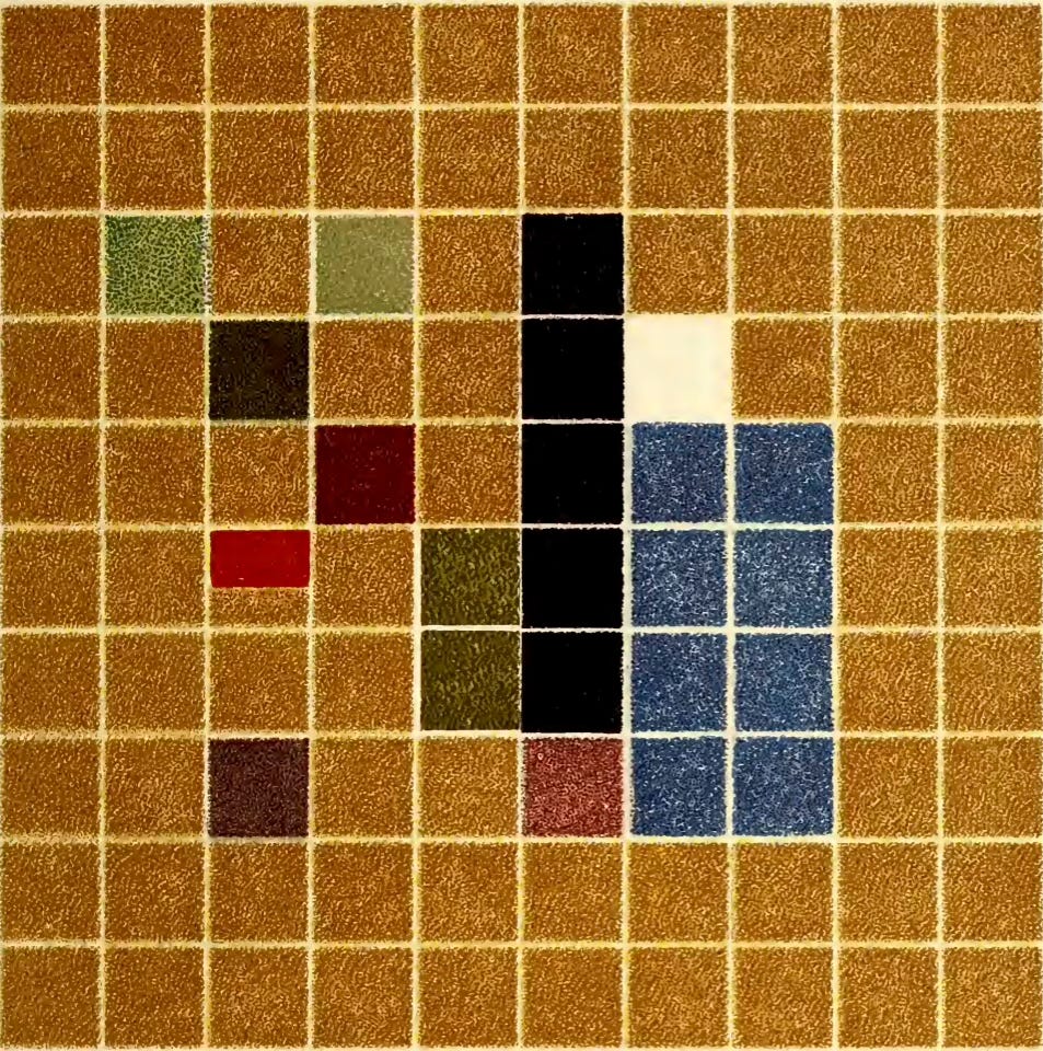 A gridded drawing similar to a tiled surface, with blocks of colors rendered in colored pencil. There are areas with squares of dark ochre, ocean blue, black, forest green, moss green, white, and dark red. The image is a color analysis chart by Emily Noyes Vanderpoel, an illustration from her 1903 book Color Problems.