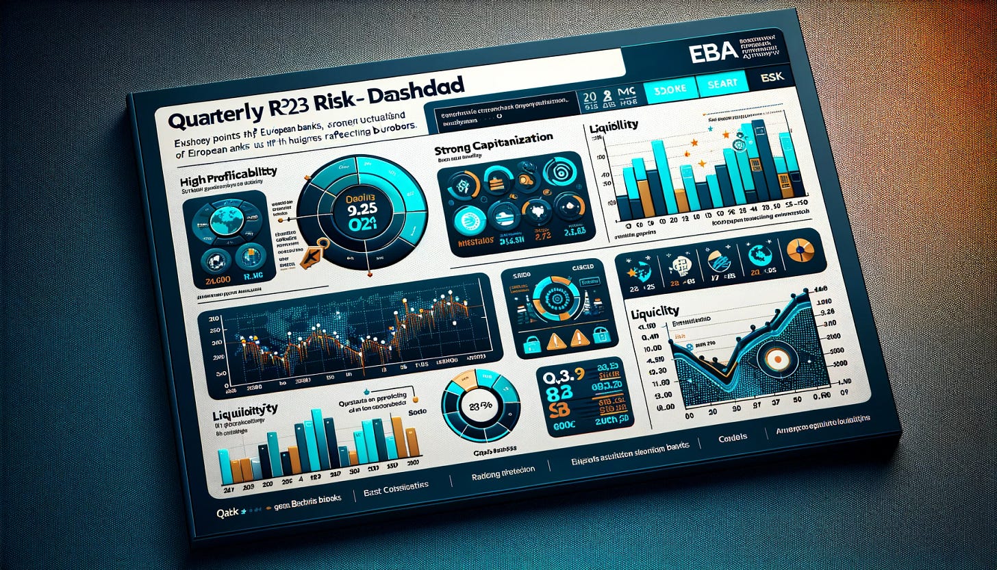 A professional, rectangular dashboard-style image illustrating the key points from the Q3 2023 quarterly Risk Dashboard published by the European Banking Authority (EBA). The image should include graphical elements like charts and indicators showing high profitability, strong capitalization, and robust liquidity of European banks. Additionally, include a cautionary note or a graph indicating the expected deterioration in asset quality due to higher interest rates affecting borrowers. The overall design should be sleek, modern, and easy to understand, using a color scheme appropriate for a financial report.