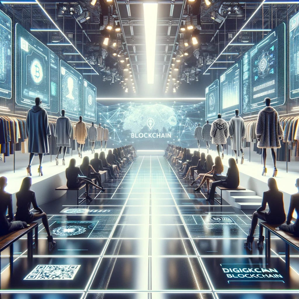 A futuristic fashion runway scene with luxury brands showcasing their clothing items, each tagged with unique digital blockchain codes to demonstrate authenticity. The scene includes a high-tech environment with screens displaying blockchain data, and models walking down the runway with clothing that subtly incorporates digital elements. The audience consists of tech-savvy and fashion-forward individuals, captivated by the blend of technology and luxury fashion. The overall atmosphere is one of sophistication, innovation, and security, highlighting the intersection of blockchain technology and high-end fashion.