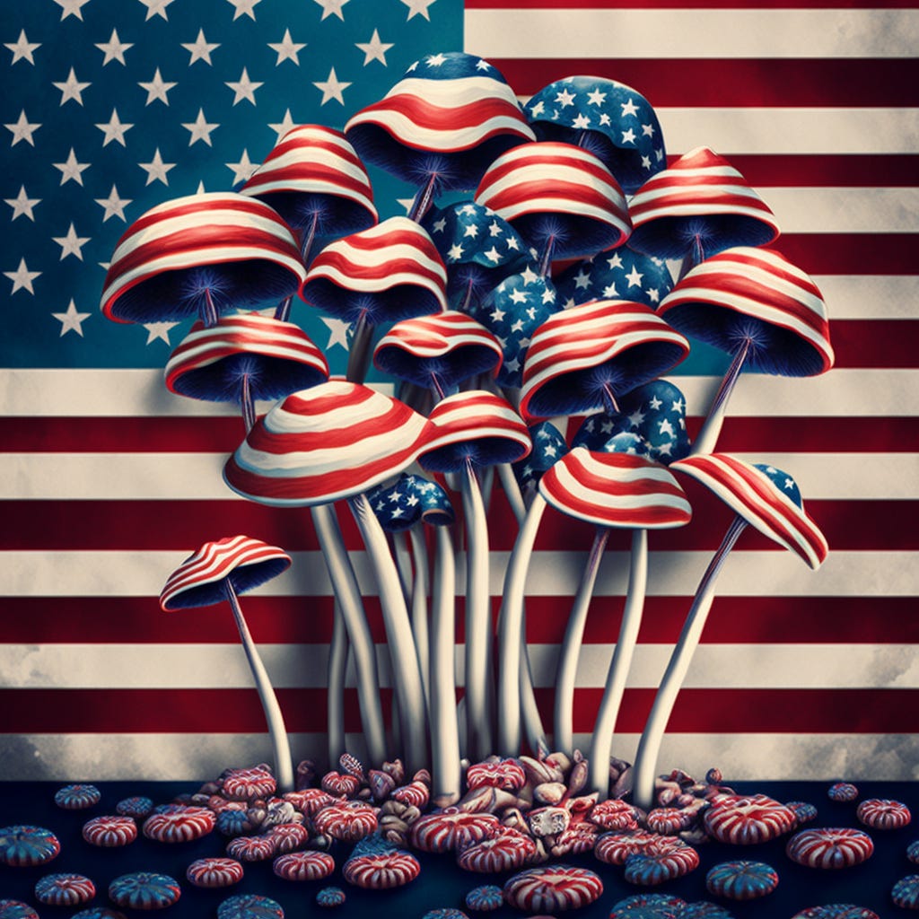 Psilocybin mushrooms painted with stars and stripes stand against a United States flag backdrop.