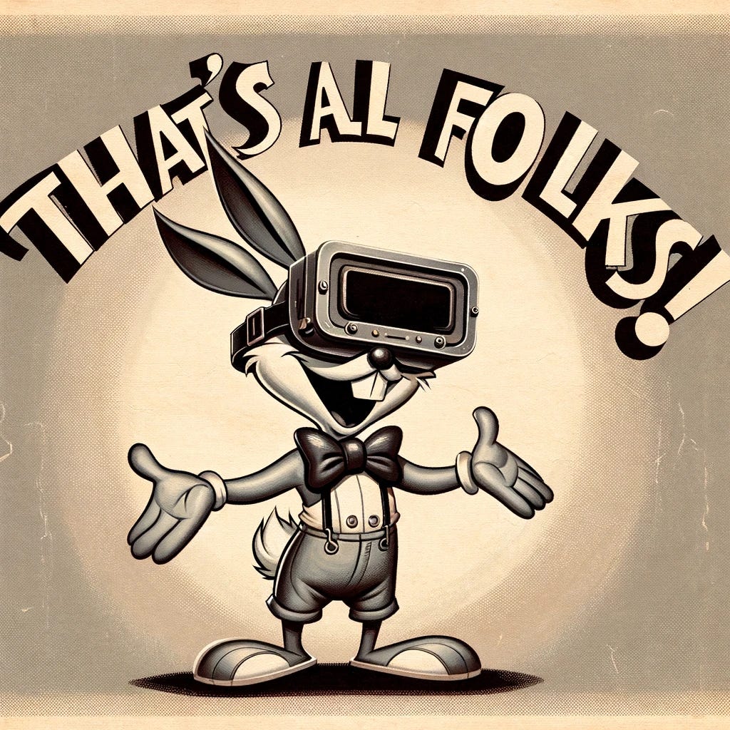 A cartoon image in the style of 1930s animation, featuring a whimsical rabbit character equipped with virtual reality goggles. This rabbit exudes the charm and simplicity characteristic of early animation, with exaggerated features and a playful stance. The background includes the iconic phrase 'That's all folks!' in a vintage, bold font typical of the era, conveying a nostalgic end-of-show message. The overall atmosphere of the image is cheerful and reminiscent of classic cartoons, with a modern twist of virtual reality technology.