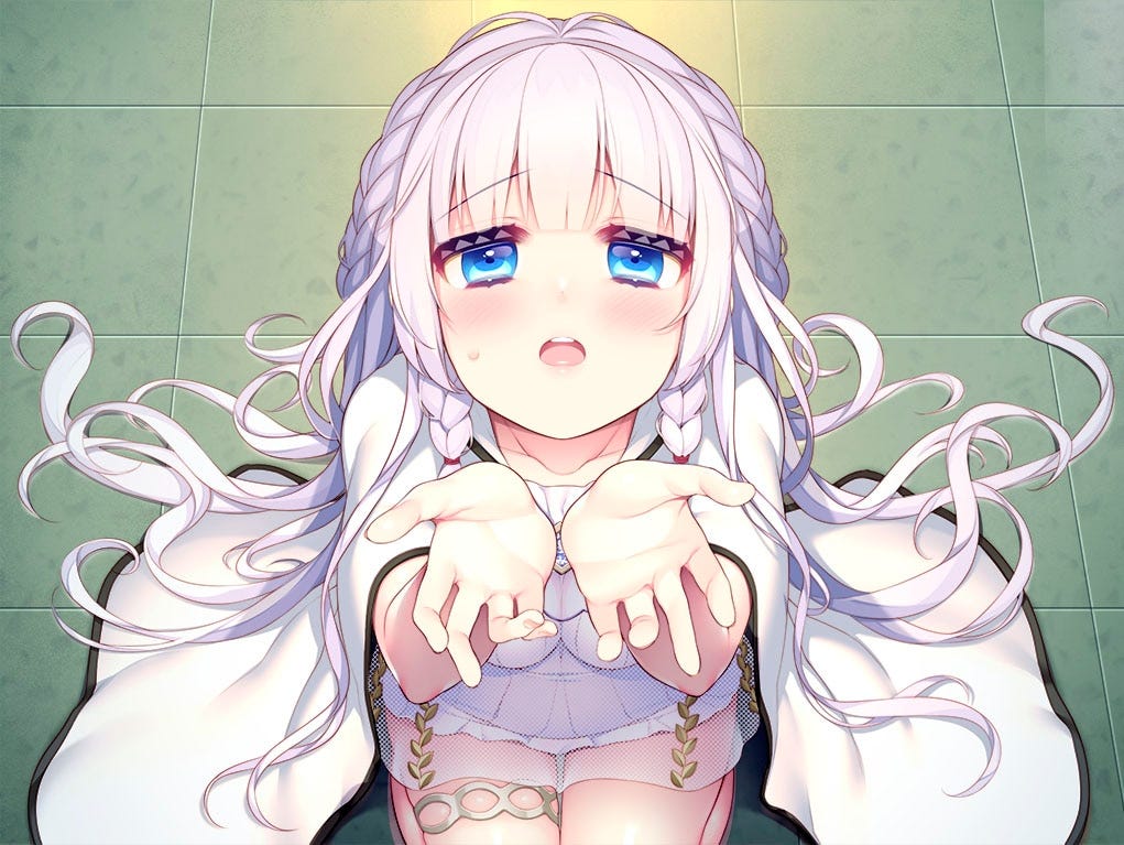A white-haired girl is on her knees with her mouth open and both palms raised and together