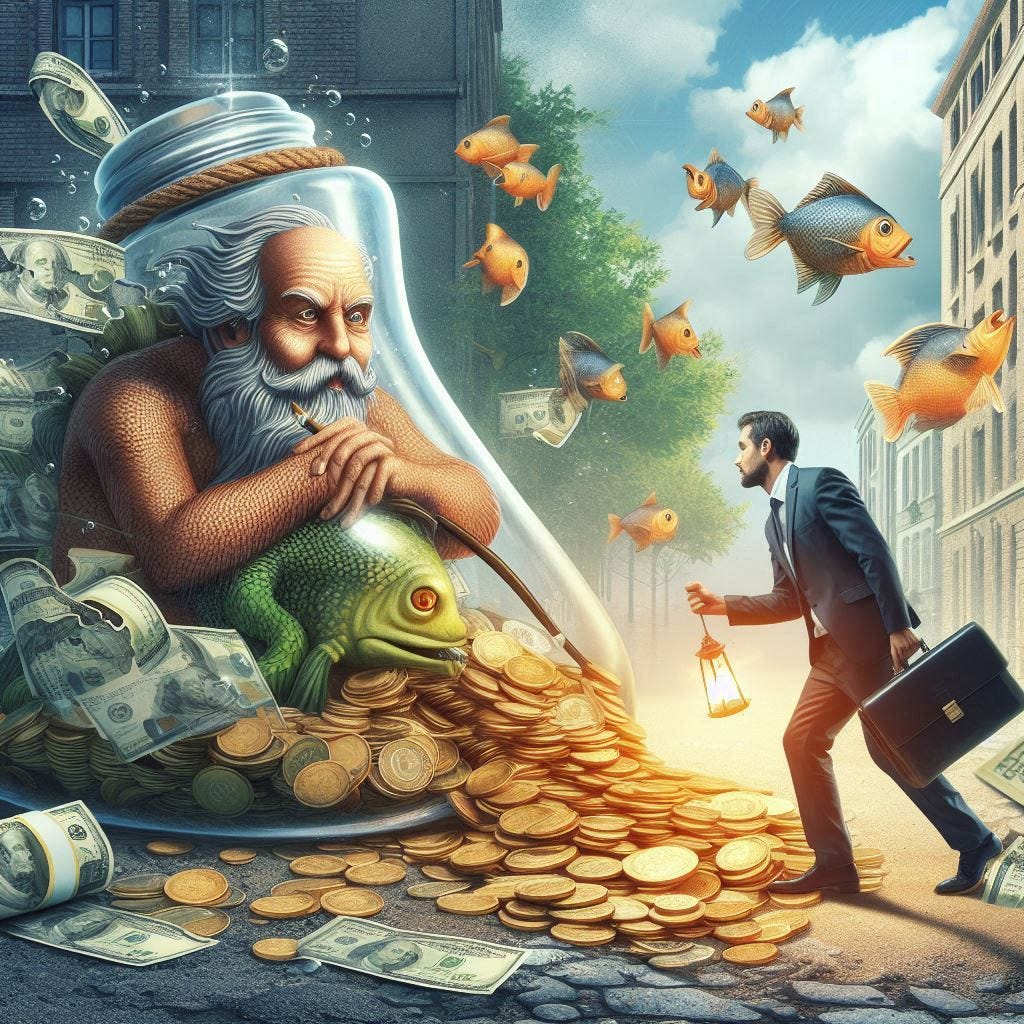 una imagen realista e imaginativa que represente que hay que tener cuidado con el dinero fácil