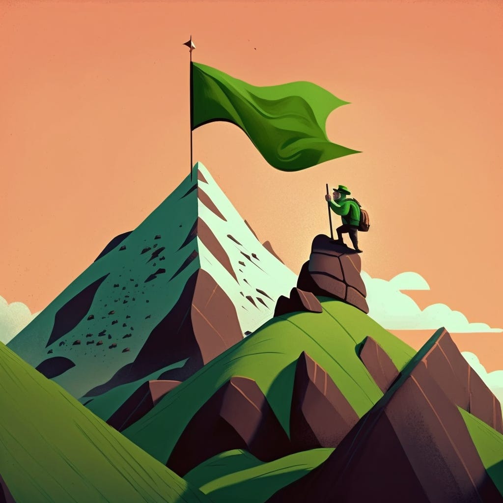 Man standing on top of a mountain with a green flag