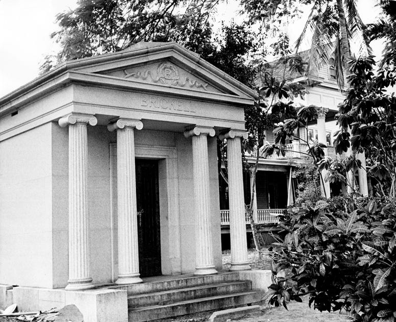 The mausoleum with the Brickell family mansion seen in the background in 1960.