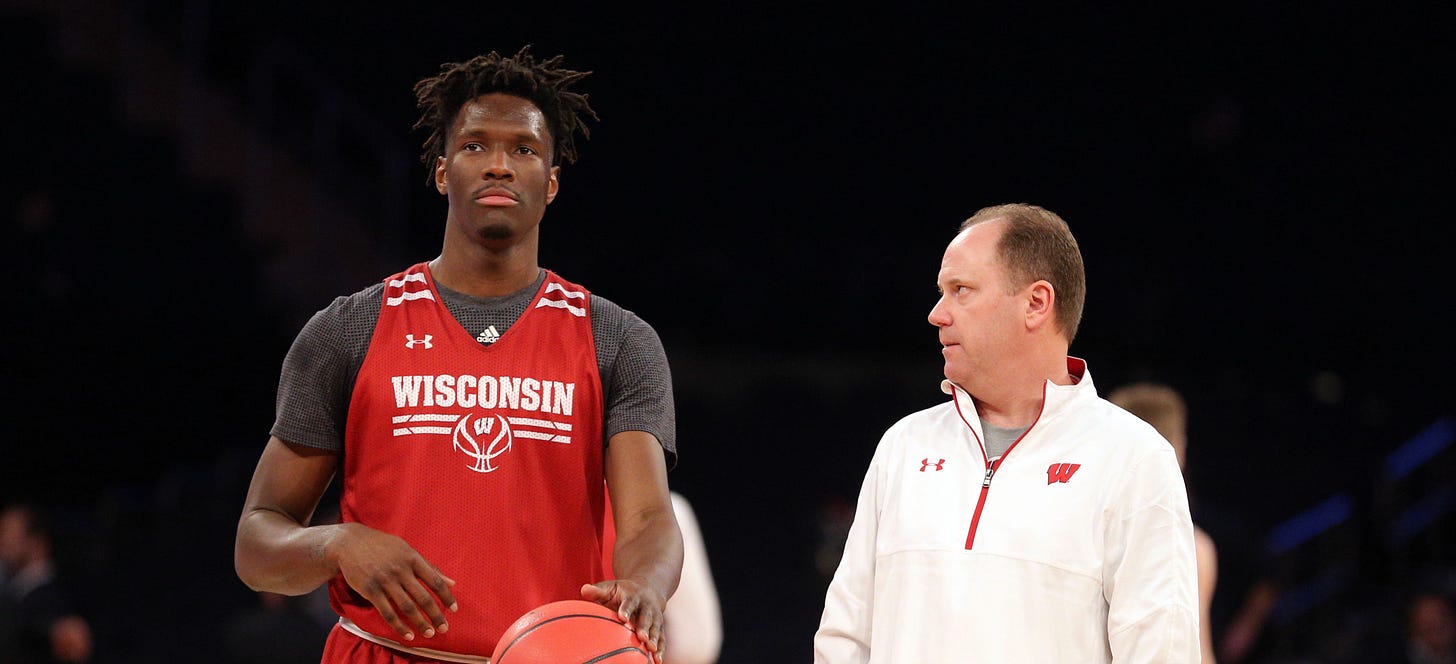 Wisconsin Badgers forward Nigel Hayes (10) talks with head coach Greg Gard during practice before the East Regional semifinals of the 2017 NCAA Tournament at Madison Square Garden. 