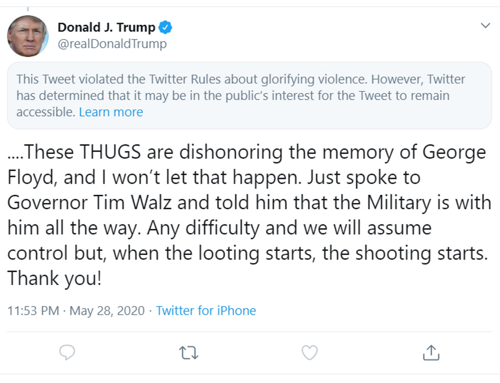 This Tweet violated the Twitter Rules about glorifying violence.  However, Twitter has determined that it may be in the public's interest for the Tweet to remain accessible.