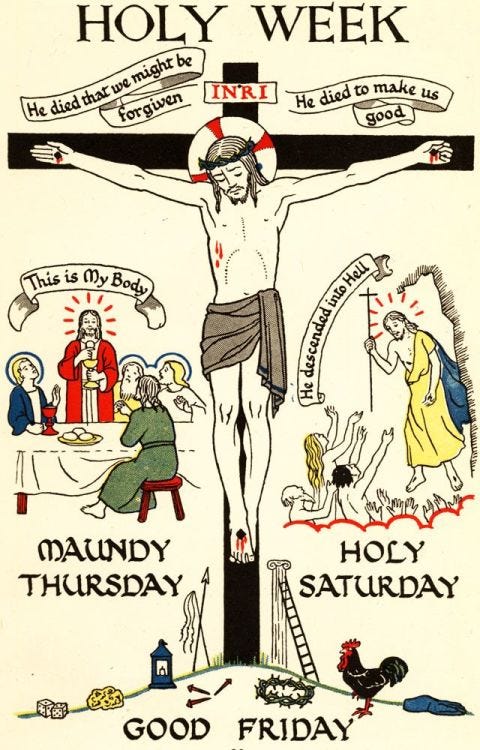 The traditional Holy Week illustration from Enid Chadwick's My Book of the Church Year, centered on the crucified Christ. 