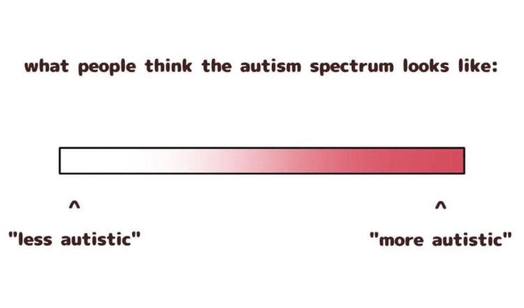 What people think the autism spectrum looks like, with an image of a spectrum that goes from "less autistic" to "more autistic",