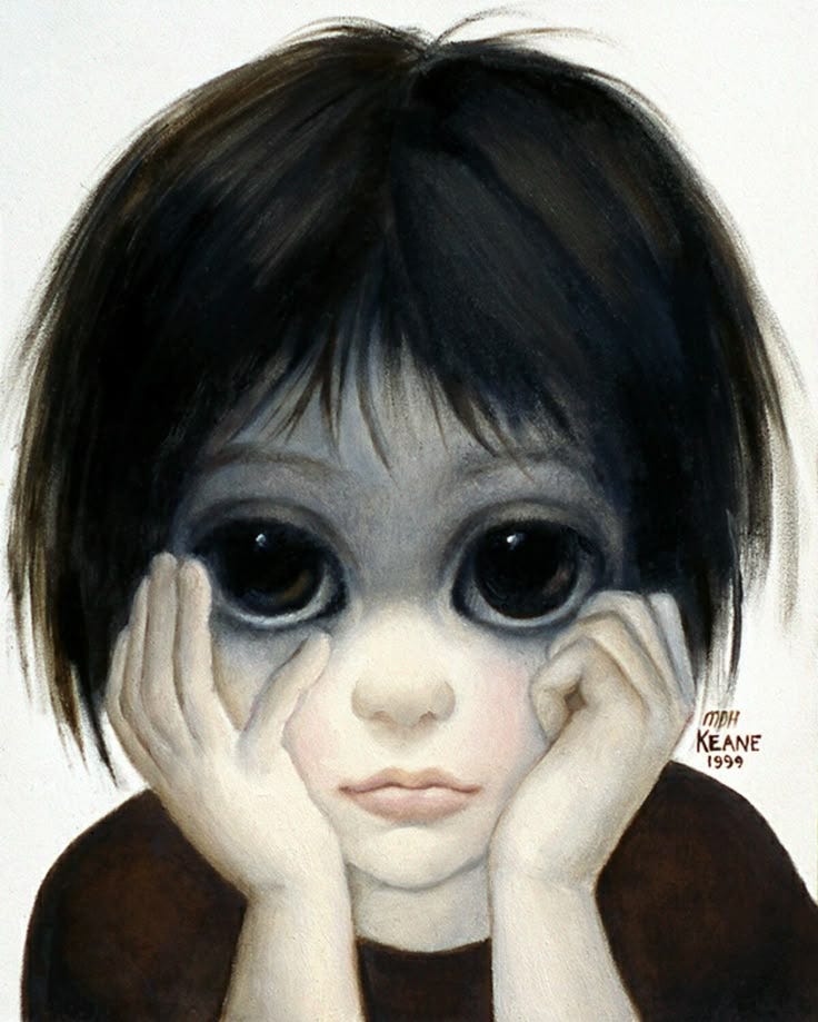 This may contain: a painting of a girl with black hair and big eyes holding her hands to her face