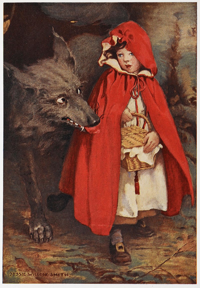 An artistic illustration of Little Red and the Wolf from the 19th century where both of their eyes look.... not right