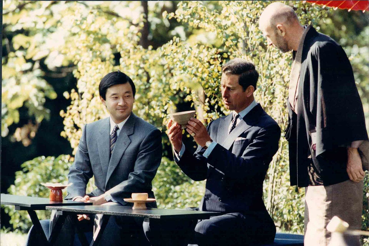 Emperor Naruhito  and Prince Charles taking part in a tea ceremony in the Kyoto gardens 1991