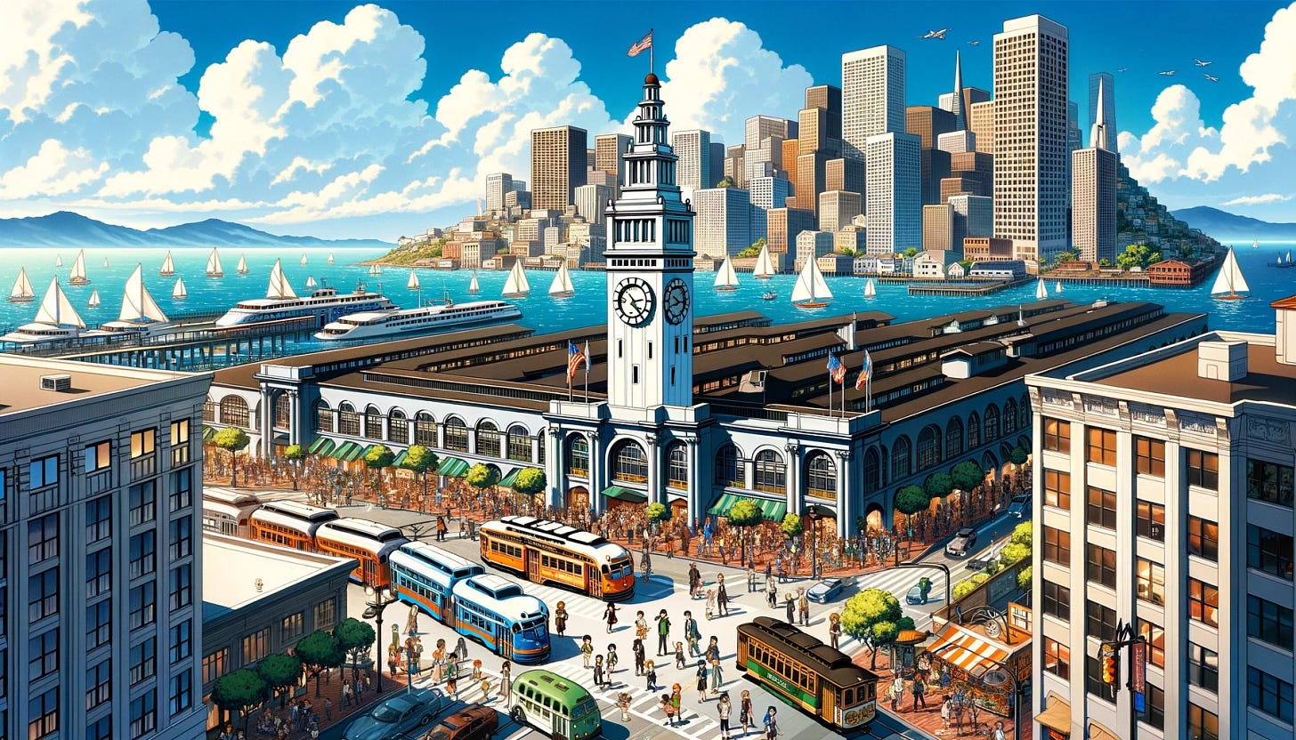 An anime-style illustration of San Francisco, centered around the Ferry Building area. The iconic Ferry Building stands prominently in the foreground, with its distinctive clock tower. The scene is lively, featuring a bustling marketplace with a variety of animated characters representing the city's diversity. Streetcars are visible in the streets, and the bay provides a scenic backdrop with sailboats dotting the water. The skyline includes other notable buildings, under a bright blue sky with scattered clouds, capturing the essence of a vibrant San Francisco day.