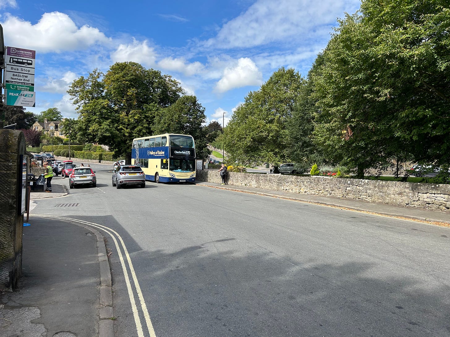 A Hulleys double decker standing at the bus stop at The Green, Baslow, Derbyshire. Image: Roland's Travels