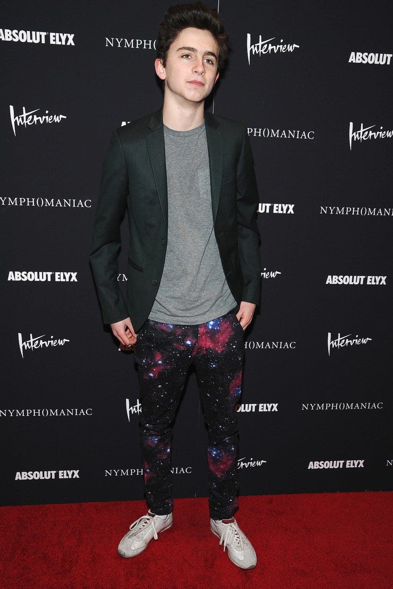 douglas greenwood on X: "Why did nobody care to tell me that a 17-year-old Timothée  Chalamet turned up to the premiere of Lars von Trier's Nymphomaniac wearing  GALAXY PANTS? https://t.co/Nk3ZbdusFC" / X