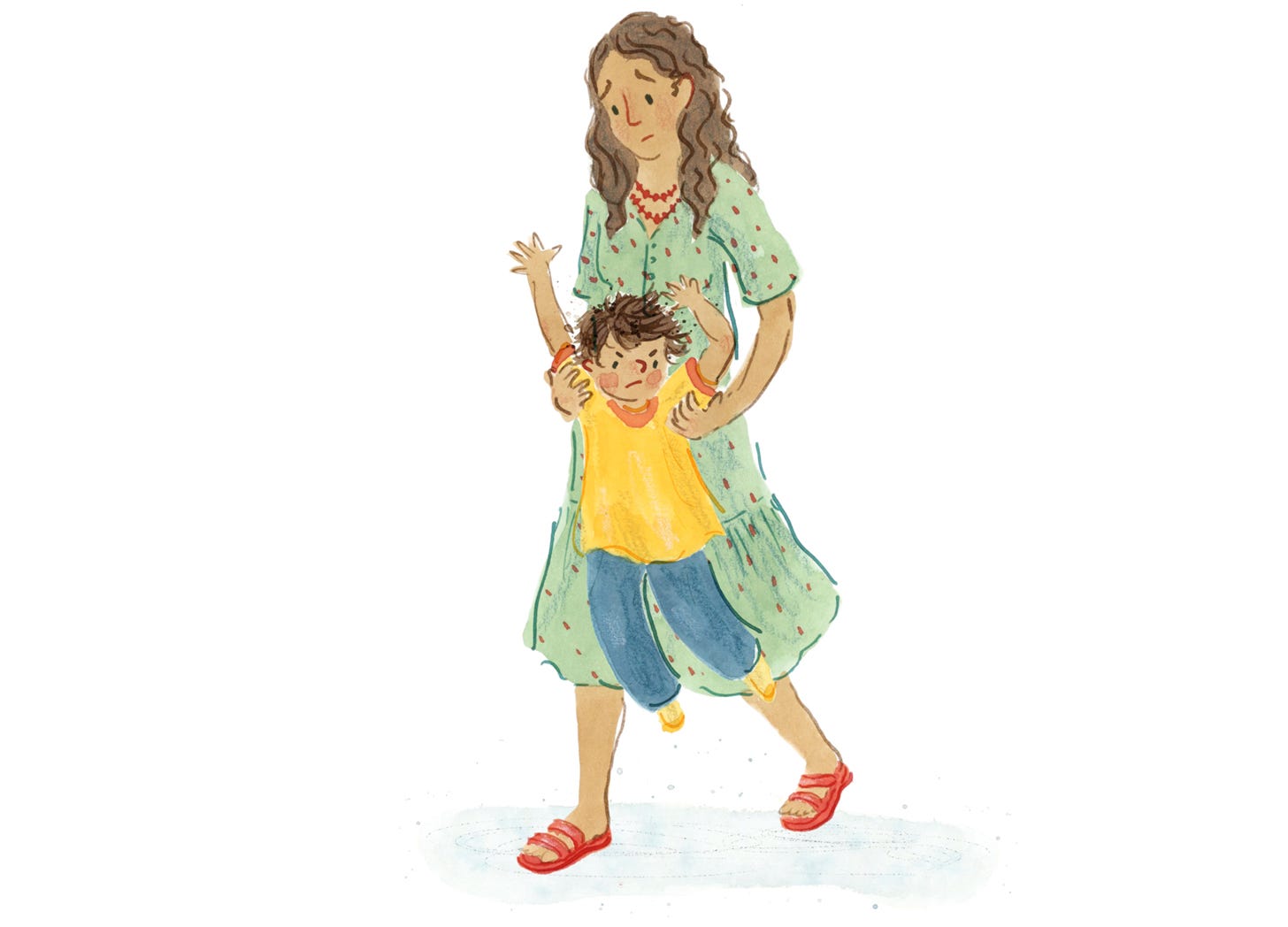 woman in a green dress and red shoes looking concerned carrying a young boy in yellow tshirt who is angry and upset. Watercolour and ink illustration by Nanette Regan