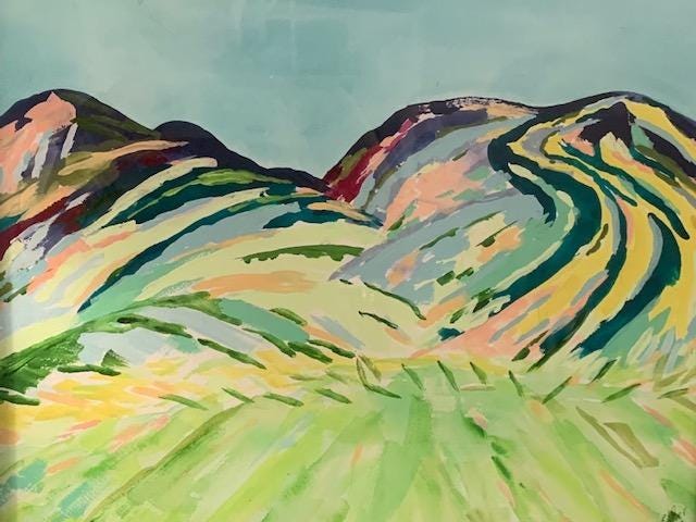 Swirling lines of paint create mountains of greens and yellow with blue sky