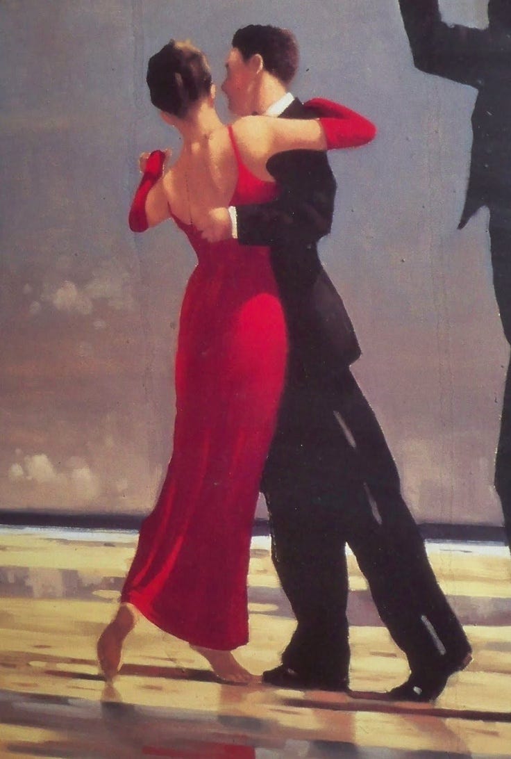 Elegant Dancing Couple in Red Dress and Black Suit