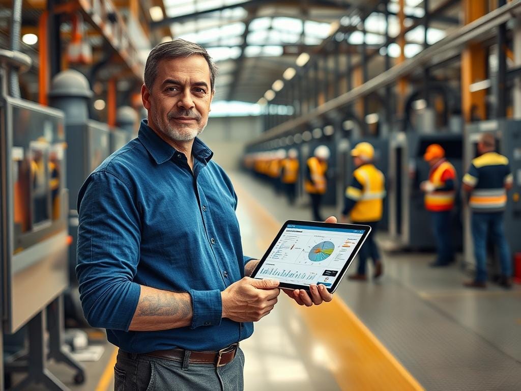 Man in a factory setting holds a tablet showing a graph and a pie chart