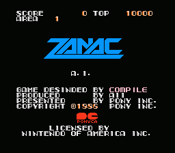 A screenshot of Zanac's title screen from the Famicom version. It shows the game's logo, copyright information, Compile's logo, and at the top, score and level information.