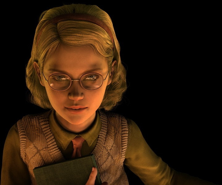 A headshot of Meg, who is a young woman of pale complexion with blonde hair, blue eyes, and glasses. She wears a green dress with an argyle sweater vest on top, giving her a very studious look. She carries a book under one arm at all times.