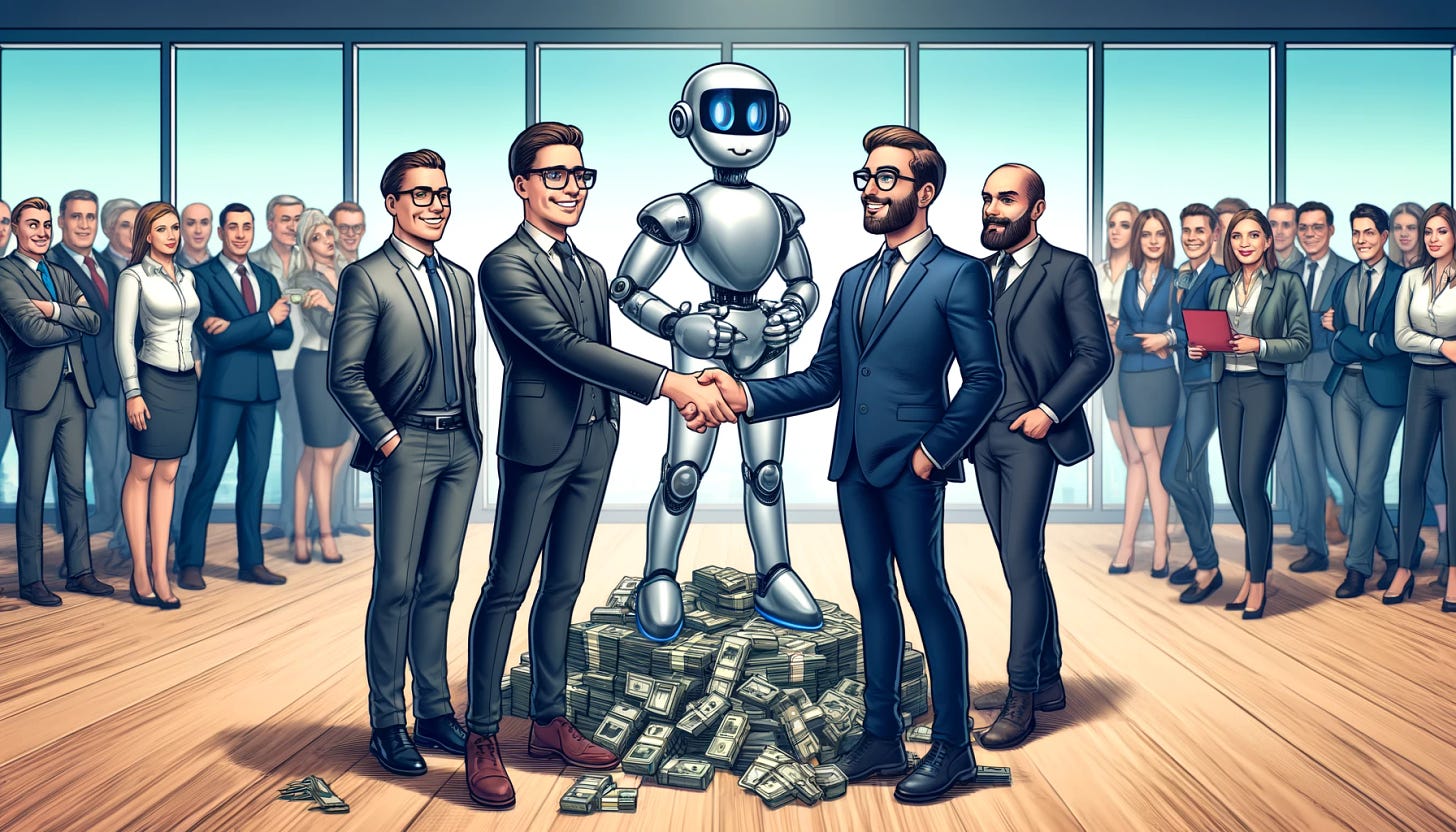 A satirical cartoon image of business people forming partnerships with tech workers. The characters look less realistic and more cartoony. In the background, there is a robot-looking AI standing in front of a pile of cash, which the consultants clearly desire. The setting is a modern office with large windows and a collaborative atmosphere. The business people are dressed in exaggerated formal attire, such as oversized suits and ties, while the tech workers are in casual, smart outfits like jeans and t-shirts. The robot AI looks advanced and futuristic with a matte finish.