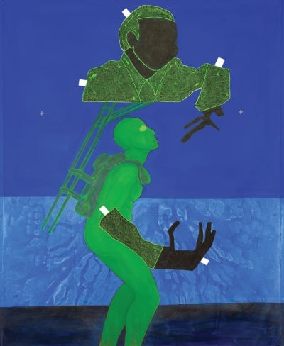 A painting of two green-and-black figures, one wearing a sort of backpack that supports the other, against a blue background.