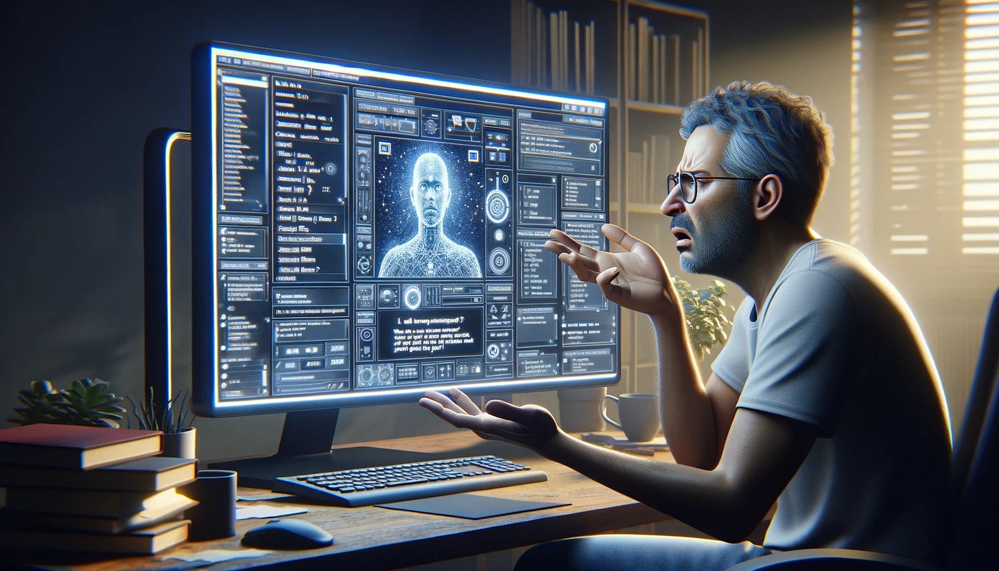 A scene depicting a confused user operating an image-generating AI user interface with text commands. The user is seated in front of a large computer screen, which displays a complex, futuristic user interface full of various text input boxes and command buttons. The user, a middle-aged Hispanic male, exhibits a puzzled expression as he carefully reads the instructions on the screen. The room is dimly lit, emphasizing the glow from the computer screen. The user is wearing casual clothes, and the background is a typical home office with books and a plant. The image ratio is 14:10.