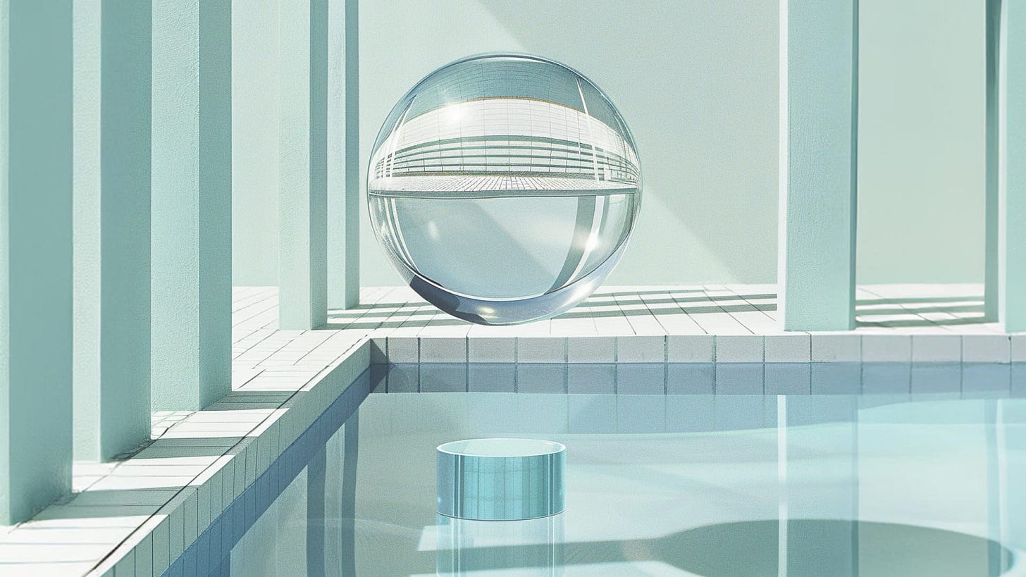 A glass sphere floating above a swimming pool in a clean architectural environment. A glass sphere floating above a swimming pool in a clean architectural environment.