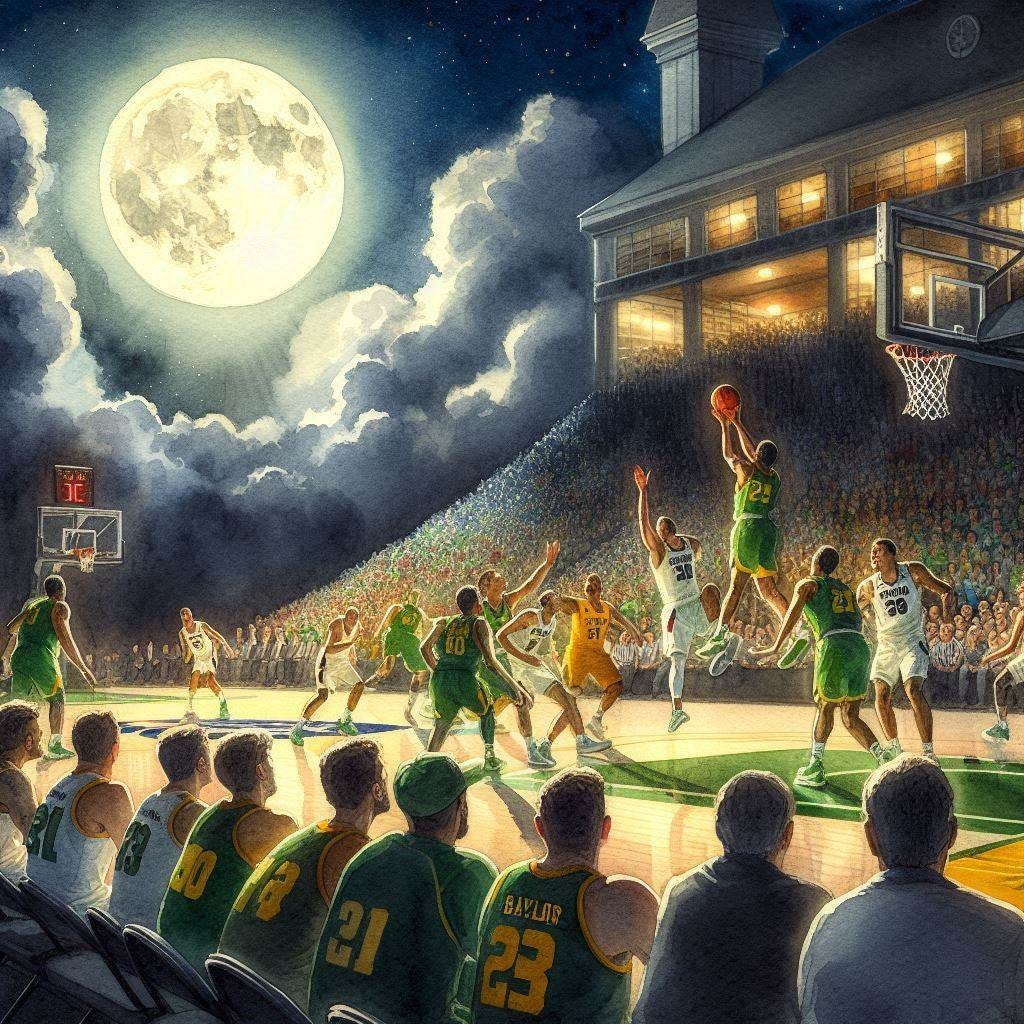 Baylor and Gonzaga playing a basketball game in total darkness, watercolor