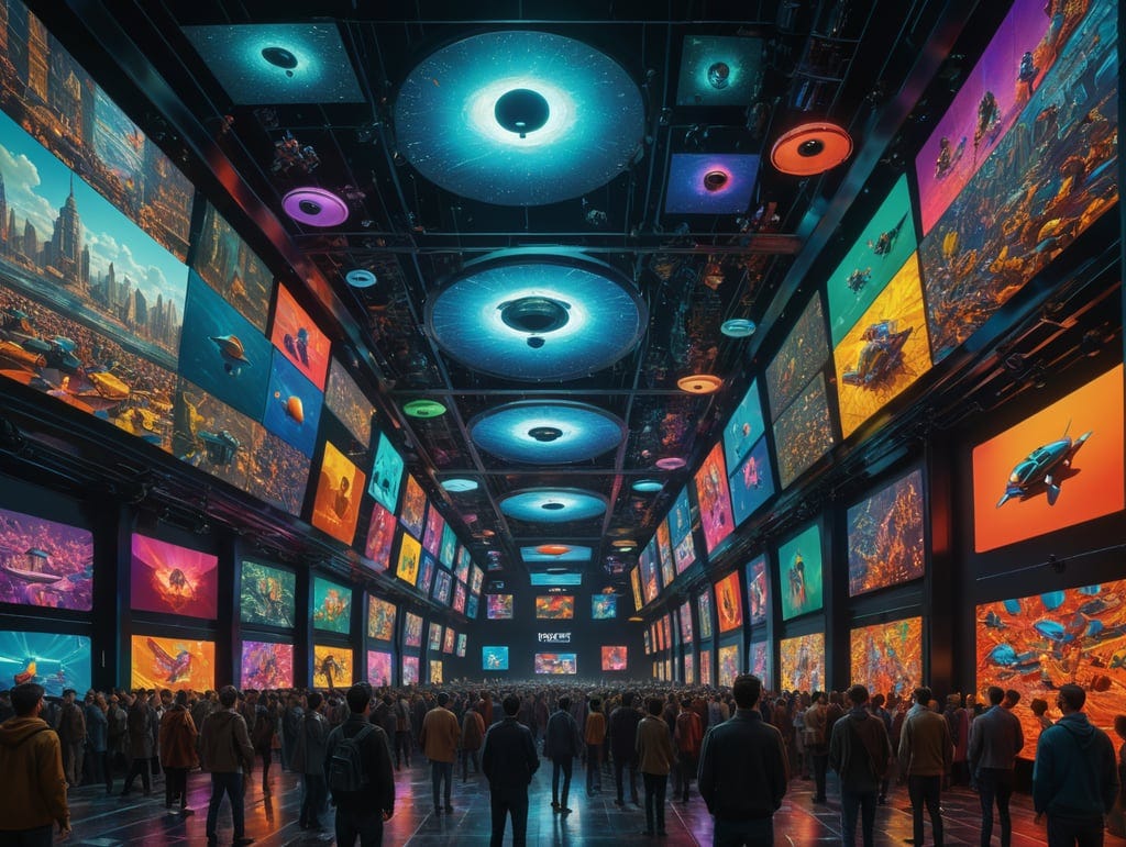 Floating screens, Neo-Futurism, mesmerized, diverse crowd, immersive, vibrant colors, Hockneytron.
