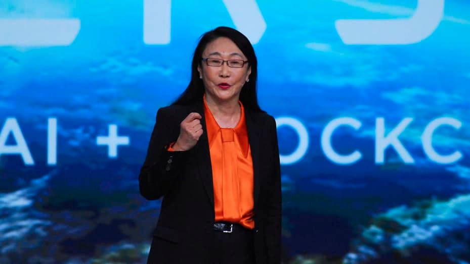 Cher Wang, chairperson, co-founder and CEO of HTC, speaks at a keynote on the second day of the Mobile World Congress 2023.
