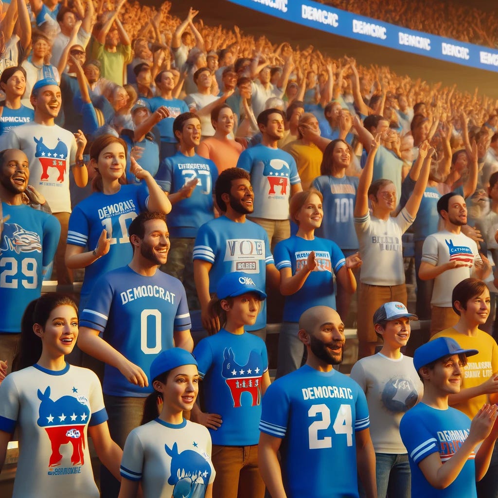 A vibrant crowd at a sports game, enthusiastically cheering for their team. The spectators are wearing team jerseys and apparel prominently featuring the iconic blue color and donkey logo of the Democratic Party. The scene captures the lively atmosphere of the stadium, with people of various ages and ethnicities participating in the excitement. The image should convey a sense of unity and support among the crowd, all in photorealistic detail, reflecting a festive and energetic sports event environment.