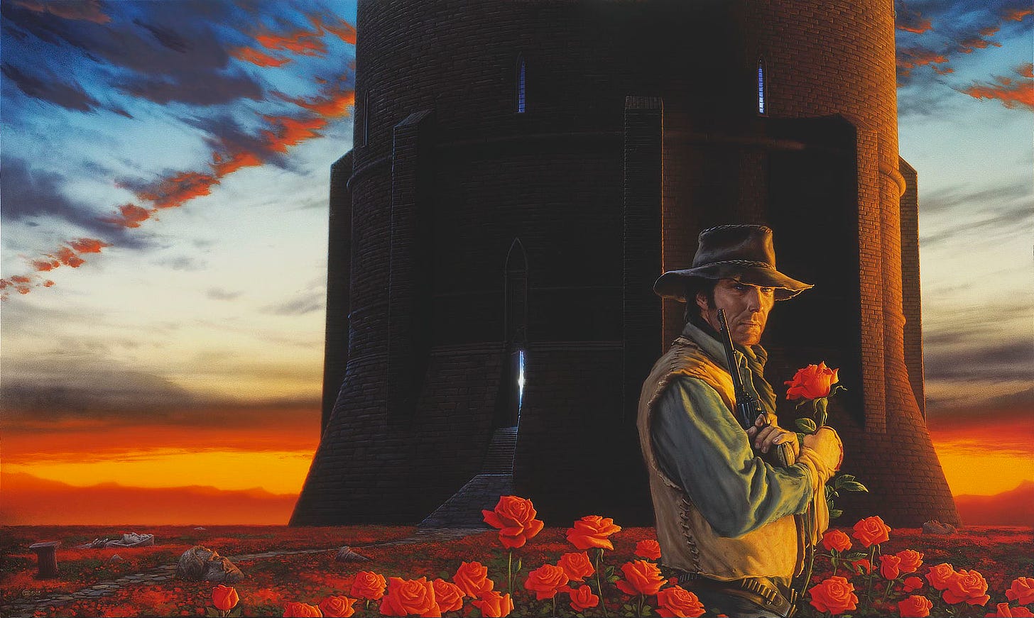 Bathed in twilight, Roland Deschain stands in a field of red roses that surround a tower of massive girth. With arms crossed, he holds up a big revolver. Fingers wrap the sandalwood grips with noticeable tension on the trigger. Loosely knotted cloth spills from his other wrist, exposing the back of his hand, but not the fingers on his right hand. The cloth is bloody where it wraps over pinky and ring finger as he clutches the stem of a rose. Behind him, a narrow stone path leads through the field, past the faces of fallen statues that stare blankly up to the sky. Steps lead up to a wedge of light marking the tower entrance rendered as if the door is ajar. It's unclear whether the light comes from the chamber within or the flaring sun is shining through from the other side of the tower.