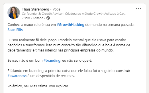 Post LinkedIn da Thais Sterenberg sobre a palestra do Sean Ellis