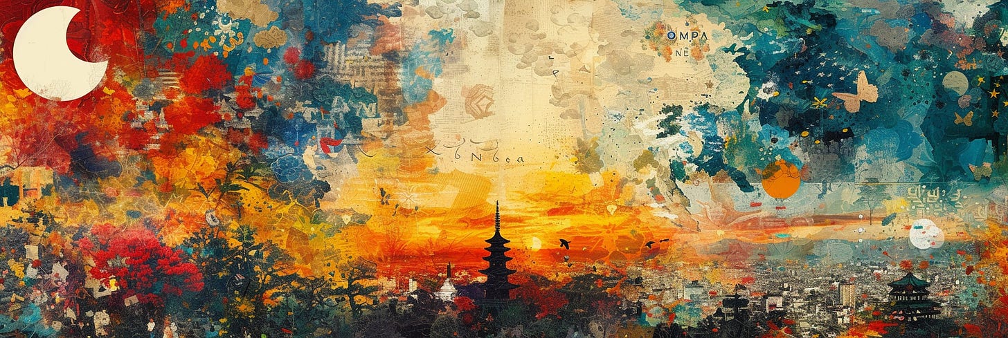 A vivid and textured artwork blending elements of a traditional Asian landscape with modern abstract forms, depicting a city skyline at sunset transitioning to a moonlit sky, overlaid with calligraphy, symbols, and floral motifs.