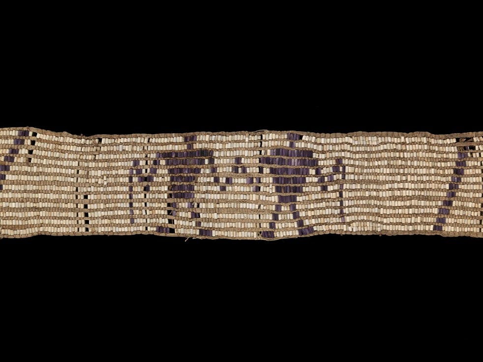 Wendat (Huron) wampum belt, 1600-50. Indian Territory (Kansas). Whelk shell, quahog shell, hide, bast fiber yarn, cordage. Photo by Ernest Amoroso, NMAI. (1/2132)
