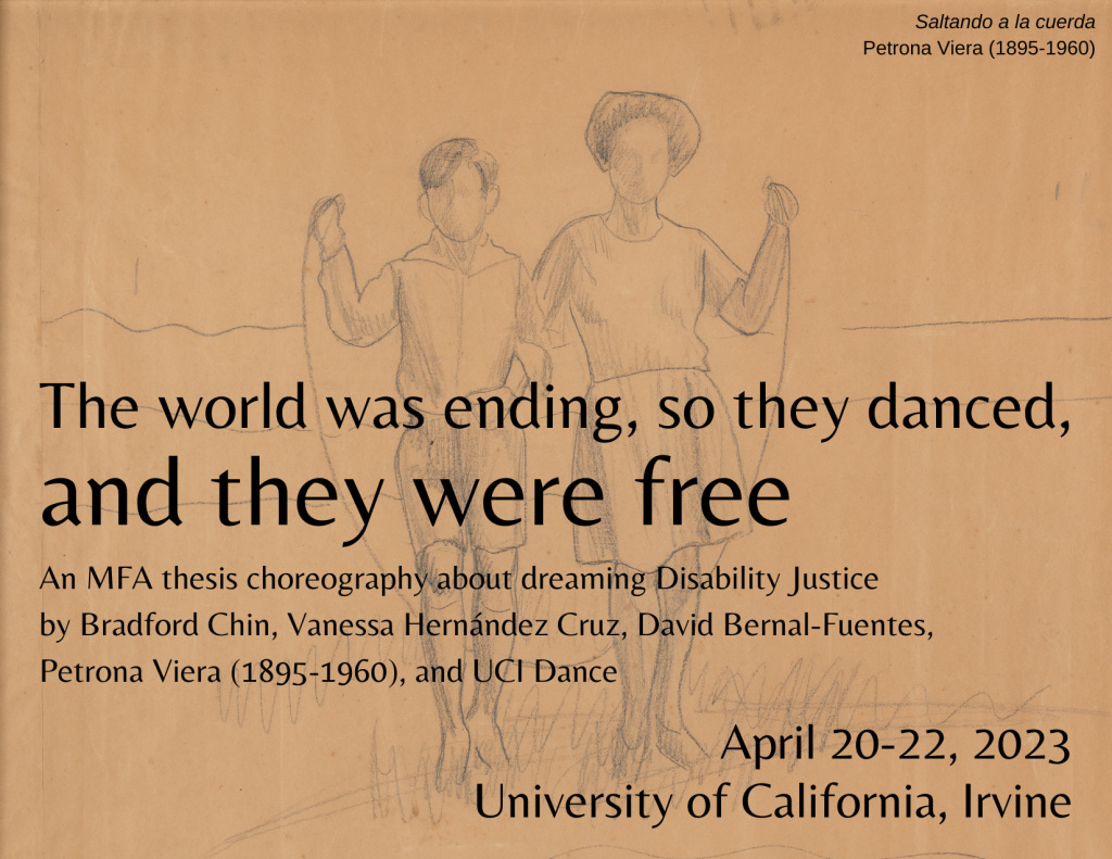 The digital postcard for The world was ending, so they danced, and they were free (premiere). The performance information is displayed over Petrona Viera’s Saltando a la cuerda (jumping rope), a pencil-on-paper study of two figures linking arms and holding the ends of a jump rope.