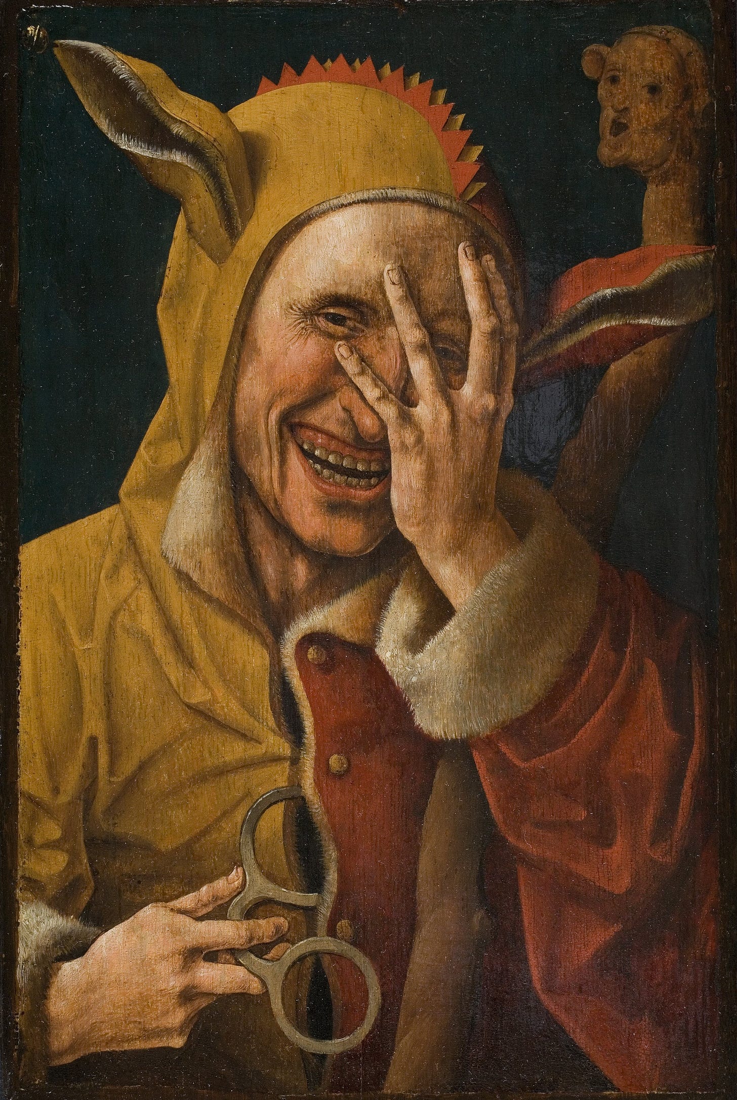 An old paiting of a man in a fool's cap with donkey ears. He is smiling and covering half his face. He pulls large spectacles from his motley costume