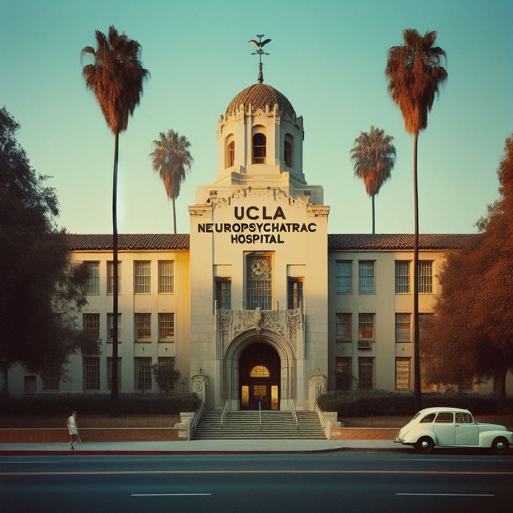 The front entrance of the UCLA Neuropsychiatric Hospital in 1963. It is morning.