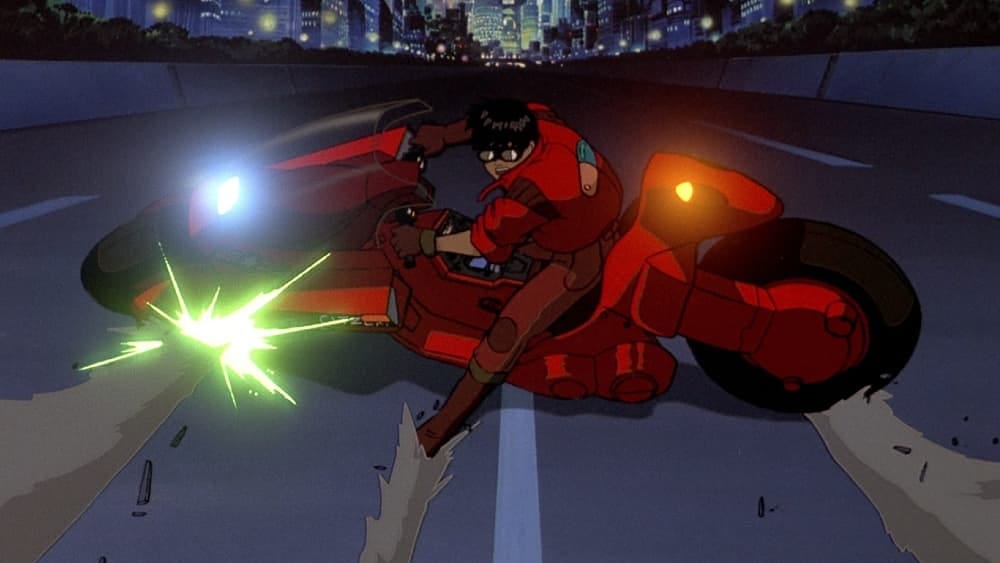 This still from Akira depicts a man on a motorcycle sliding sideway