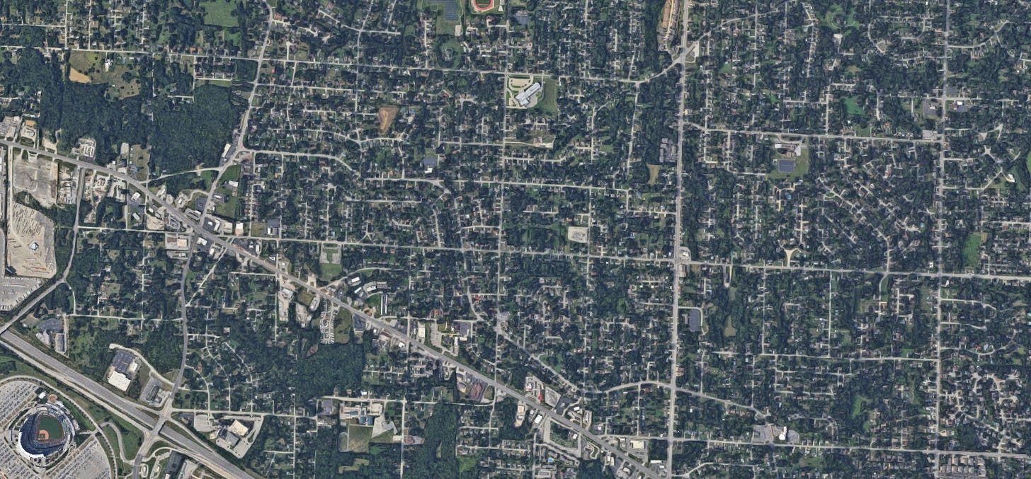 Aerial view of Kauffman Stadium and surrounding area