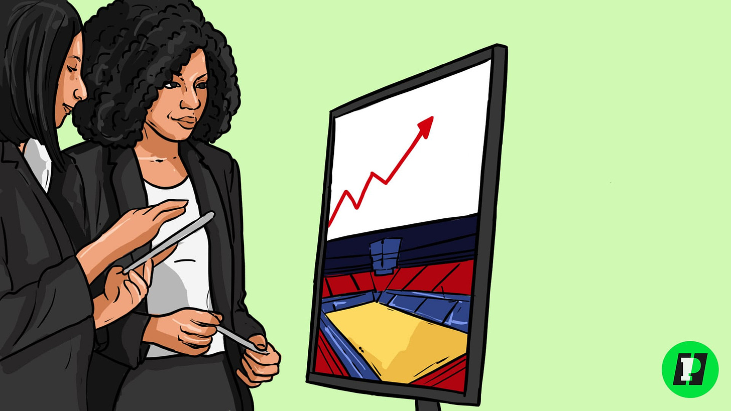 female financial analyst looking at graph of sports industry growth 
