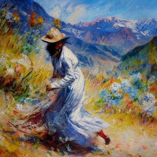 AI generated image in a painterly impressionist style depicting a woman looking over her shoulder as she flees a village