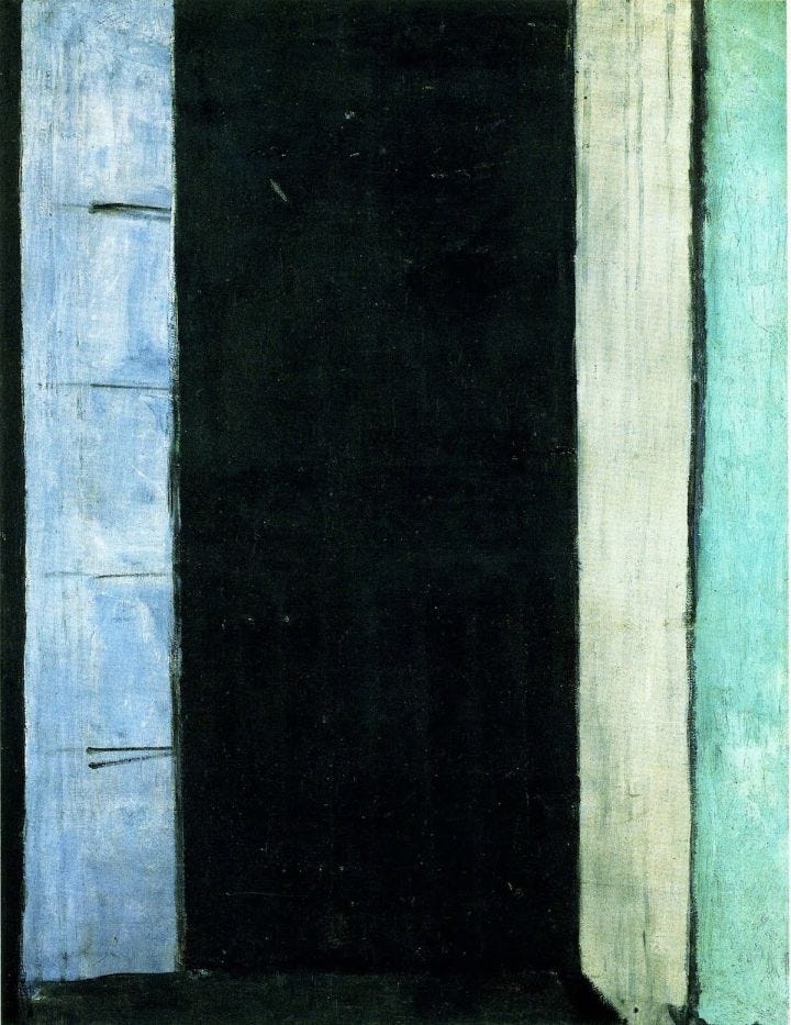 French window at Collioure by Henri Matisse depicts a blue window frame viewed from the outside looking in. The shutters are open but the interior is not visible. Instead we see a block of pitch black.