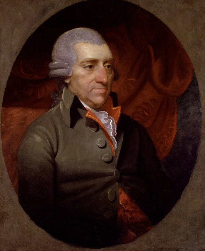 This is a portrait of a white man in his 60s in 18th-century clothing. He is seated, facing slightly towards the right, and has a grey peruke of 1780s style.